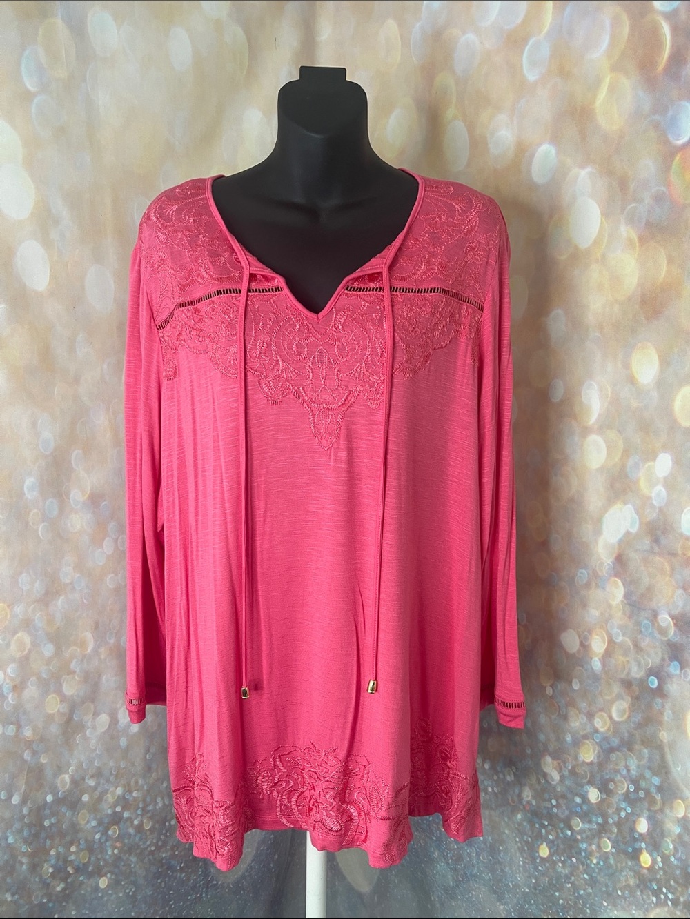 Rafaella Fuchsia Embroidered V-Neck Tie-Front Tunic Color: Honeysuckle Size XL